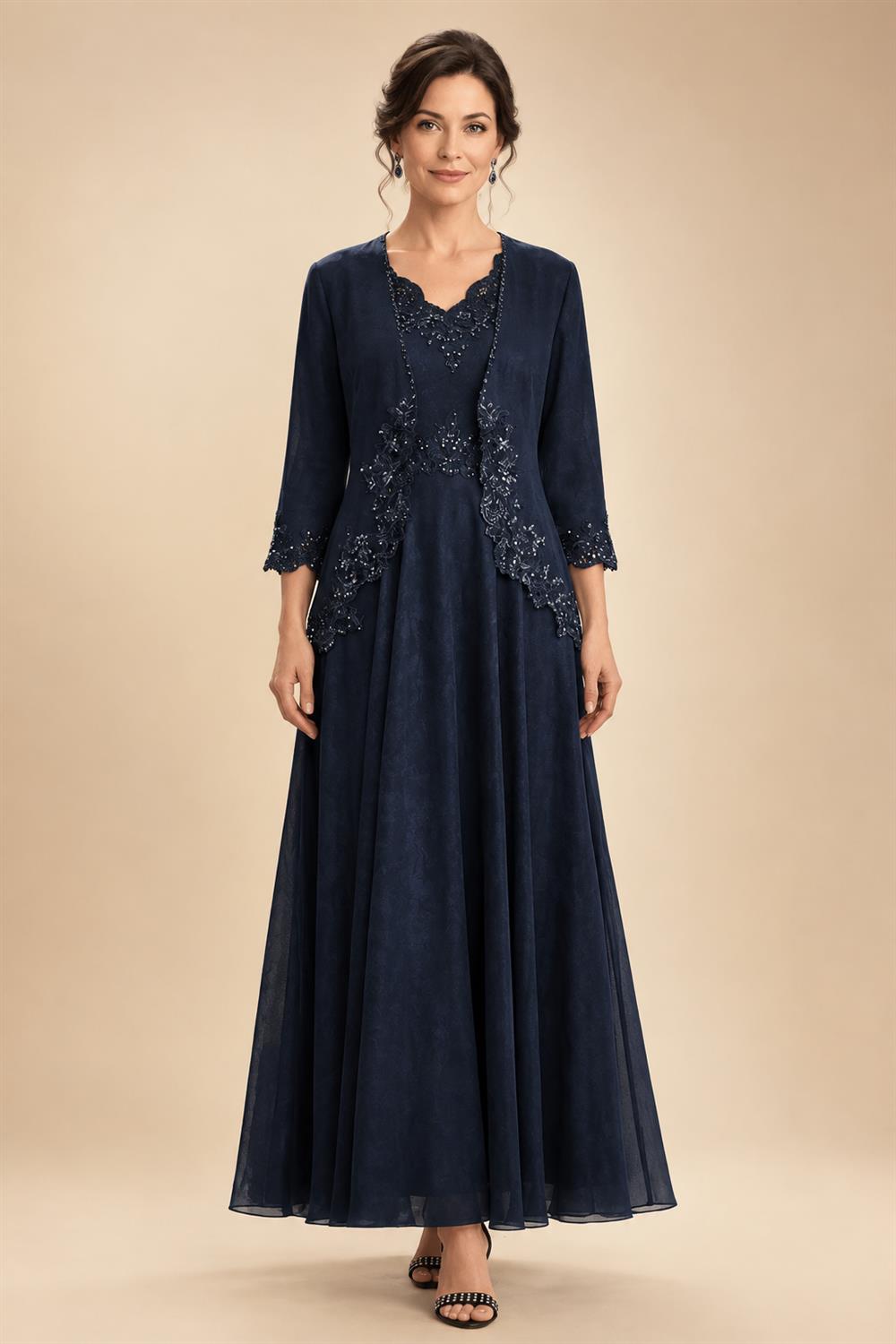 2-Piece A-Line Chiffon 3/4 Sleeves Mother of the Bride & Groom Dresses with Scalloped V-Neck Lace Bodice (SHI22500637)
