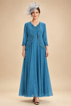 2-Piece A-Line Chiffon 3/4 Sleeves Mother of the Bride & Groom Dresses with Scalloped V-Neck Lace Bodice (SHI22500637)