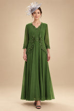 2-Piece A-Line Chiffon 3/4 Sleeves Mother of the Bride & Groom Dresses with Scalloped V-Neck Lace Bodice (SHI22500637)