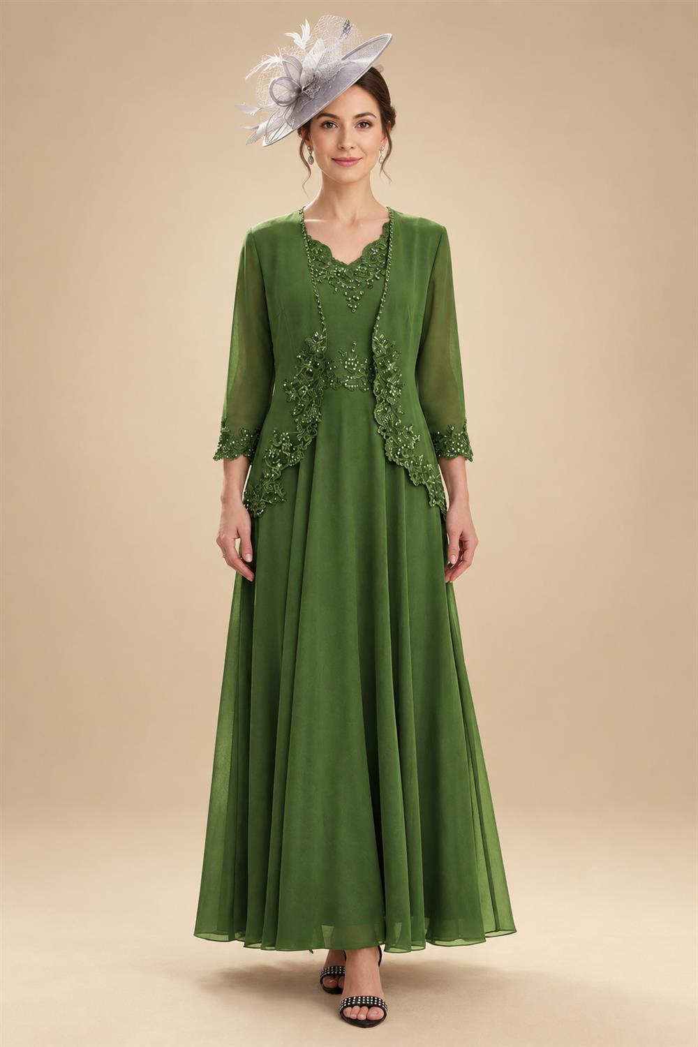 2-Piece A-Line Chiffon 3/4 Sleeves Mother of the Bride & Groom Dresses with Scalloped V-Neck Lace Bodice (SHI22500637)