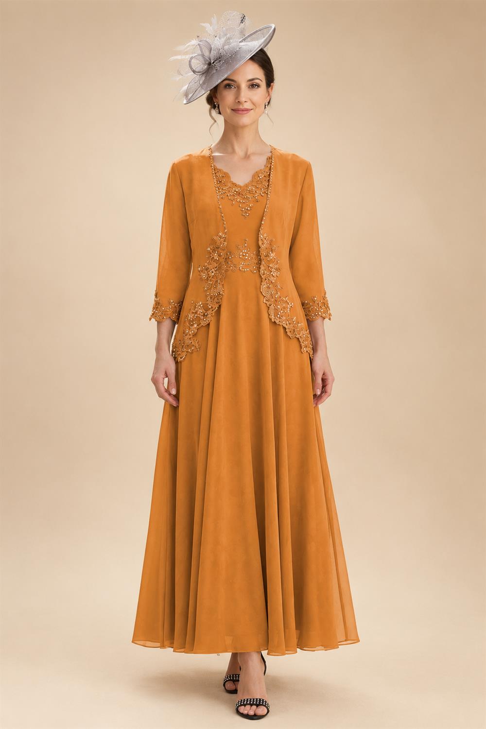2-Piece A-Line Chiffon 3/4 Sleeves Mother of the Bride & Groom Dresses with Scalloped V-Neck Lace Bodice (SHI22500637)