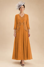 2-Piece A-Line Chiffon 3/4 Sleeves Mother of the Bride & Groom Dresses with Scalloped V-Neck Lace Bodice (SHI22500637)