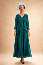 2-Piece A-Line Chiffon 3/4 Sleeves Mother of the Bride & Groom Dresses with Scalloped V-Neck Lace Bodice (SHI22500637)