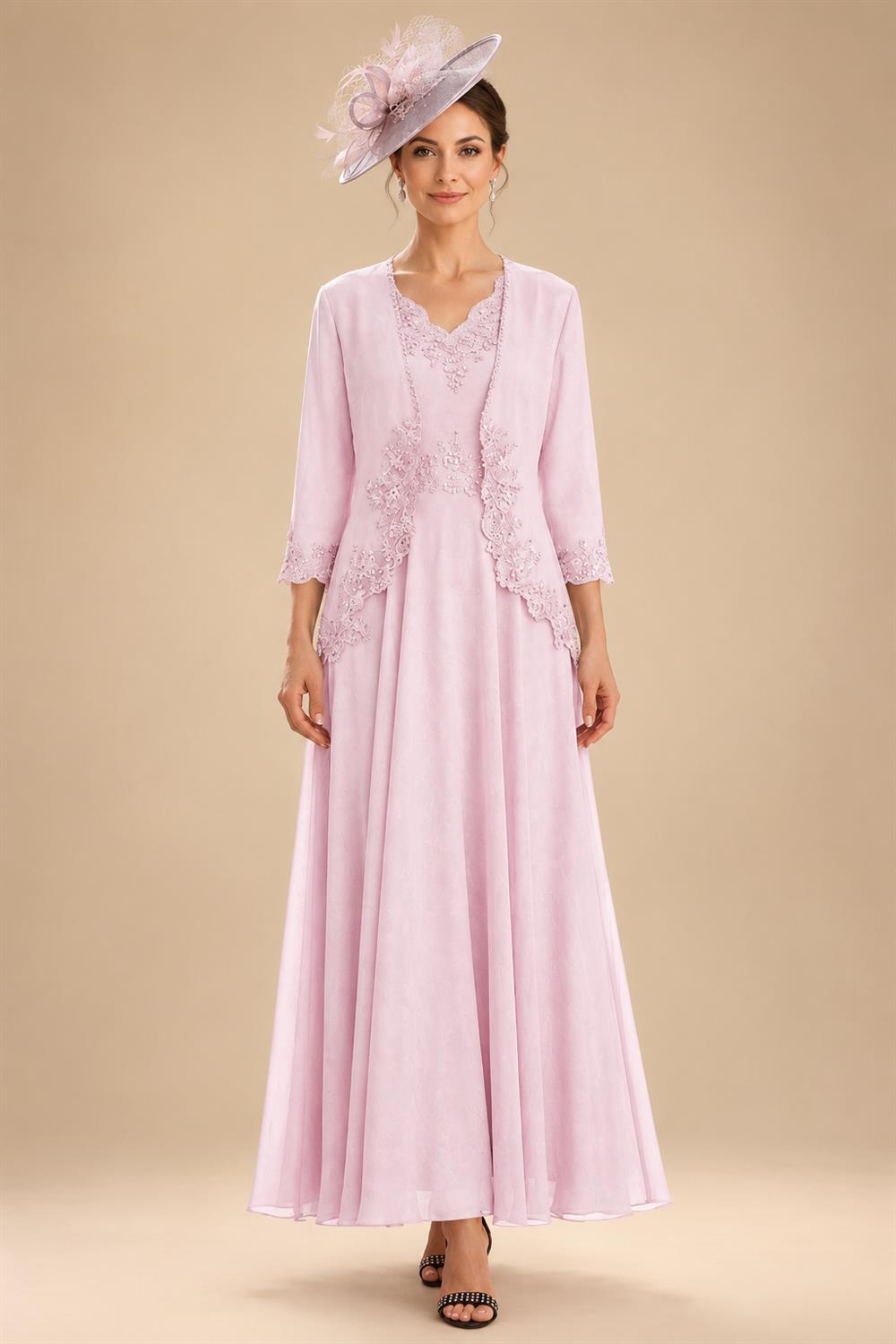 2-Piece A-Line Chiffon 3/4 Sleeves Mother of the Bride & Groom Dresses with Scalloped V-Neck Lace Bodice (SHI22500637)