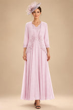 2-Piece A-Line Chiffon 3/4 Sleeves Mother of the Bride & Groom Dresses with Scalloped V-Neck Lace Bodice (SHI22500637)