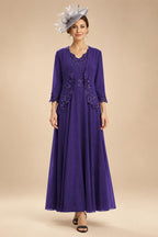 2-Piece A-Line Chiffon 3/4 Sleeves Mother of the Bride & Groom Dresses with Scalloped V-Neck Lace Bodice (SHI22500637)