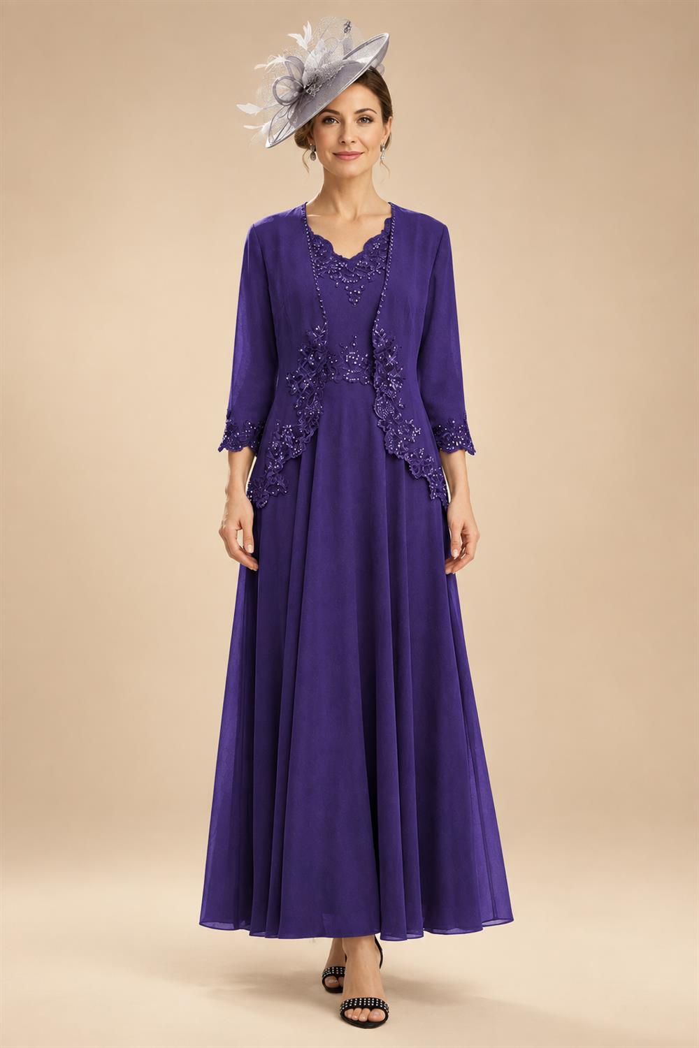 2-Piece A-Line Chiffon 3/4 Sleeves Mother of the Bride & Groom Dresses with Scalloped V-Neck Lace Bodice (SHI22500637)