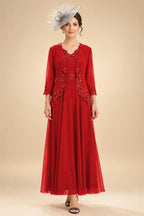 2-Piece A-Line Chiffon 3/4 Sleeves Mother of the Bride & Groom Dresses with Scalloped V-Neck Lace Bodice (SHI22500637)