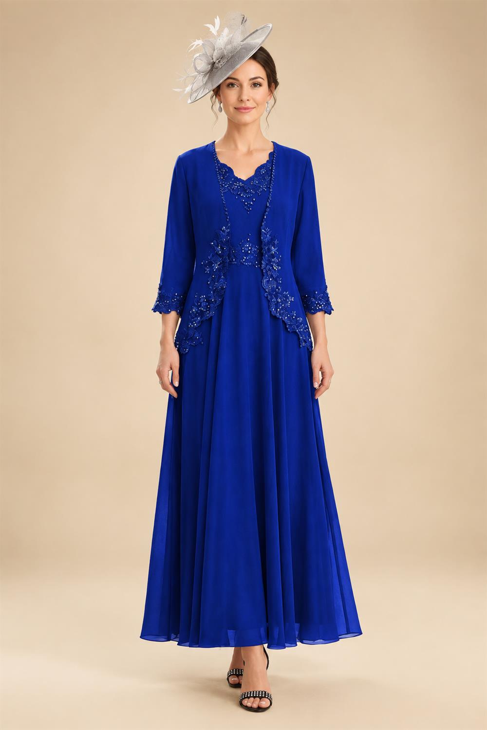 2-Piece A-Line Chiffon 3/4 Sleeves Mother of the Bride & Groom Dresses with Scalloped V-Neck Lace Bodice (SHI22500637)