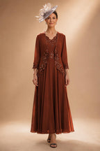 2-Piece A-Line Chiffon 3/4 Sleeves Mother of the Bride & Groom Dresses with Scalloped V-Neck Lace Bodice (SHI22500637)