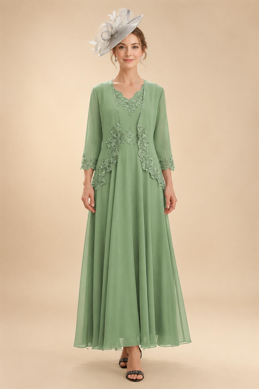 2-Piece A-Line Chiffon 3/4 Sleeves Mother of the Bride & Groom Dresses with Scalloped V-Neck Lace Bodice (SHI22500637)