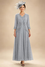 2-Piece A-Line Chiffon 3/4 Sleeves Mother of the Bride & Groom Dresses with Scalloped V-Neck Lace Bodice (SHI22500637)