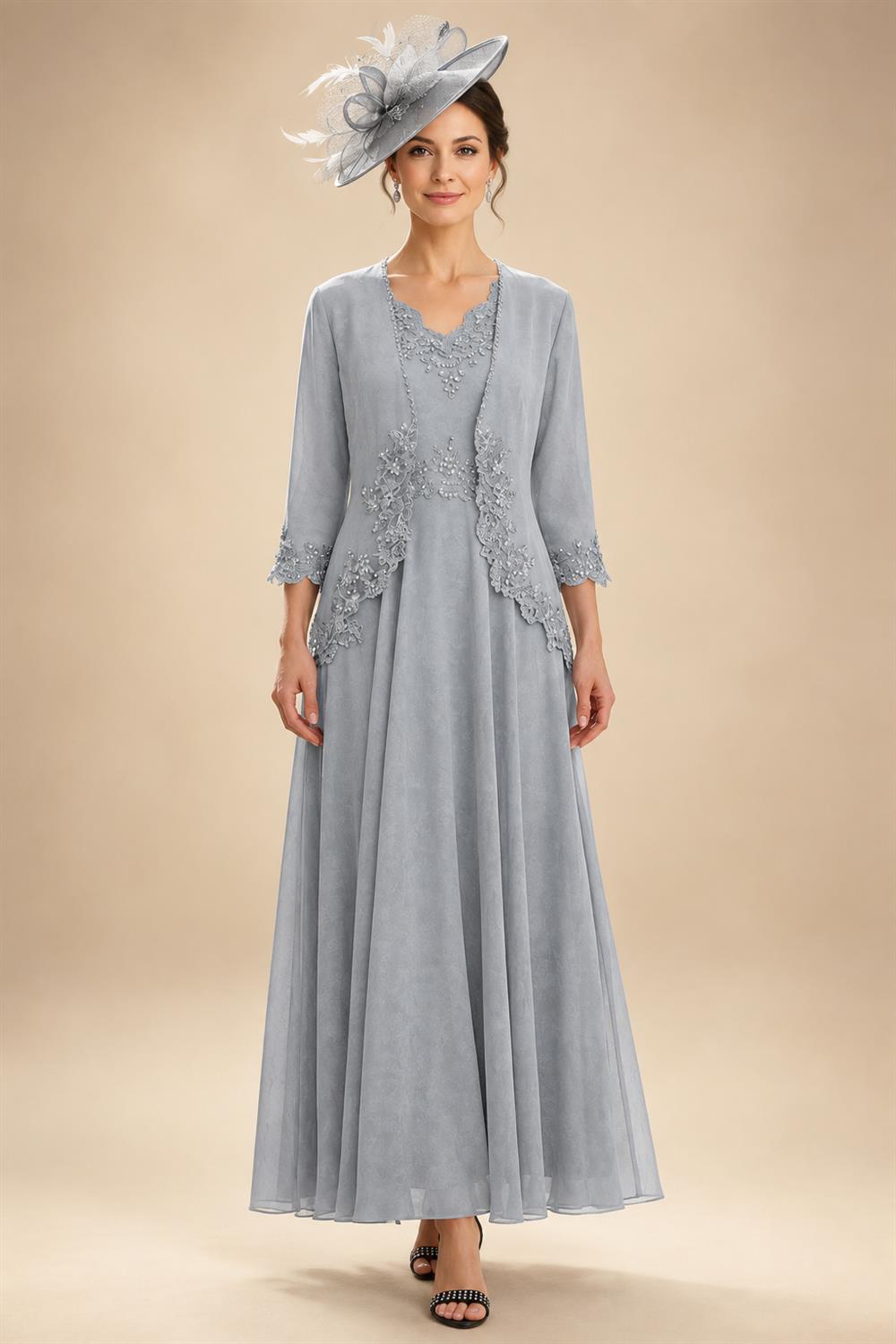 2-Piece A-Line Chiffon 3/4 Sleeves Mother of the Bride & Groom Dresses with Scalloped V-Neck Lace Bodice (SHI22500637)