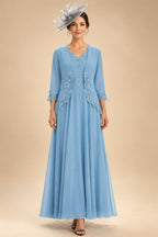 2-Piece A-Line Chiffon 3/4 Sleeves Mother of the Bride & Groom Dresses with Scalloped V-Neck Lace Bodice (SHI22500637)