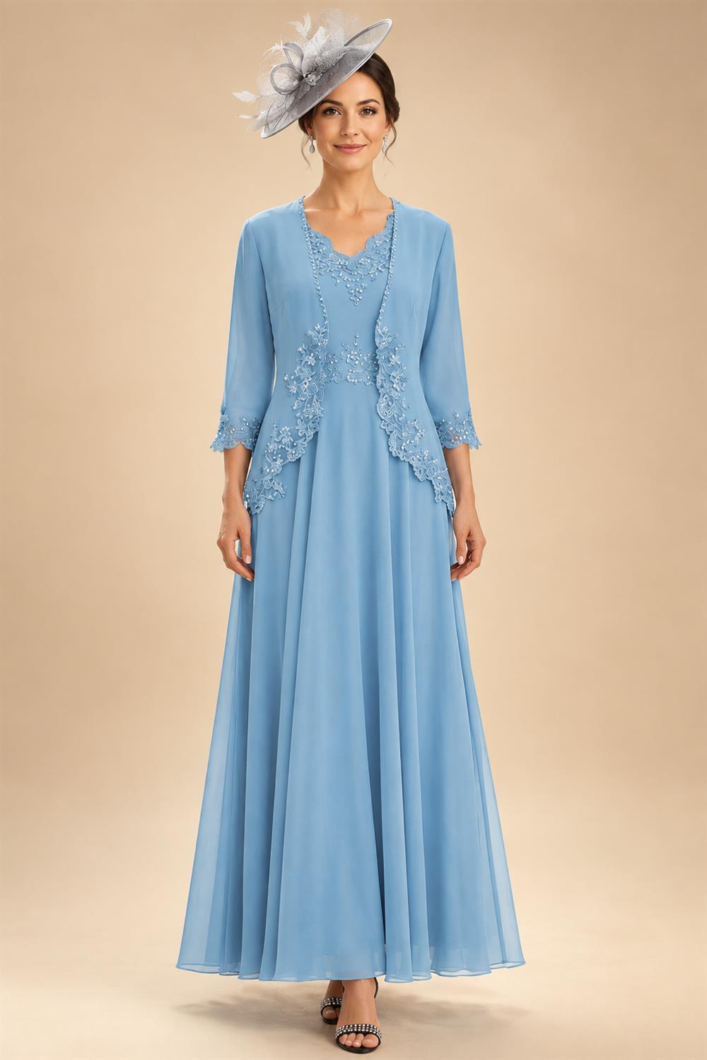 2-Piece A-Line Chiffon 3/4 Sleeves Mother of the Bride & Groom Dresses with Scalloped V-Neck Lace Bodice (SHI22500637)