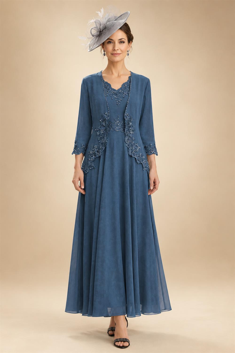 2-Piece A-Line Chiffon 3/4 Sleeves Mother of the Bride & Groom Dresses with Scalloped V-Neck Lace Bodice (SHI22500637)