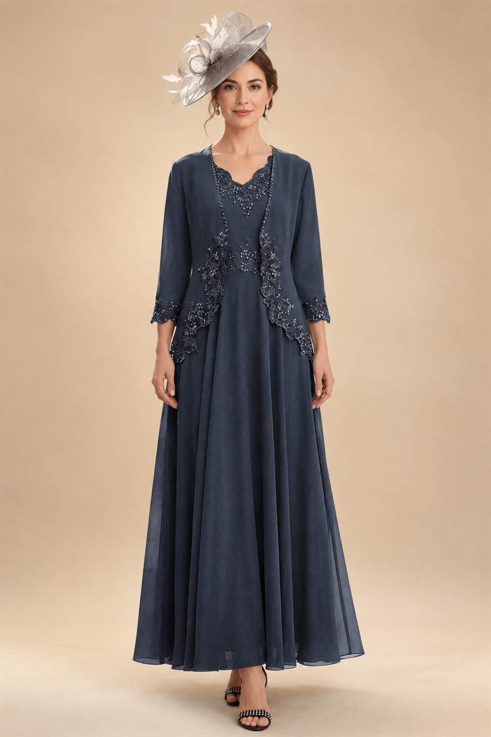 2-Piece A-Line Chiffon 3/4 Sleeves Mother of the Bride & Groom Dresses with Scalloped V-Neck Lace Bodice (SHI22500637)
