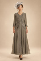 2-Piece A-Line Chiffon 3/4 Sleeves Mother of the Bride & Groom Dresses with Scalloped V-Neck Lace Bodice (SHI22500637)