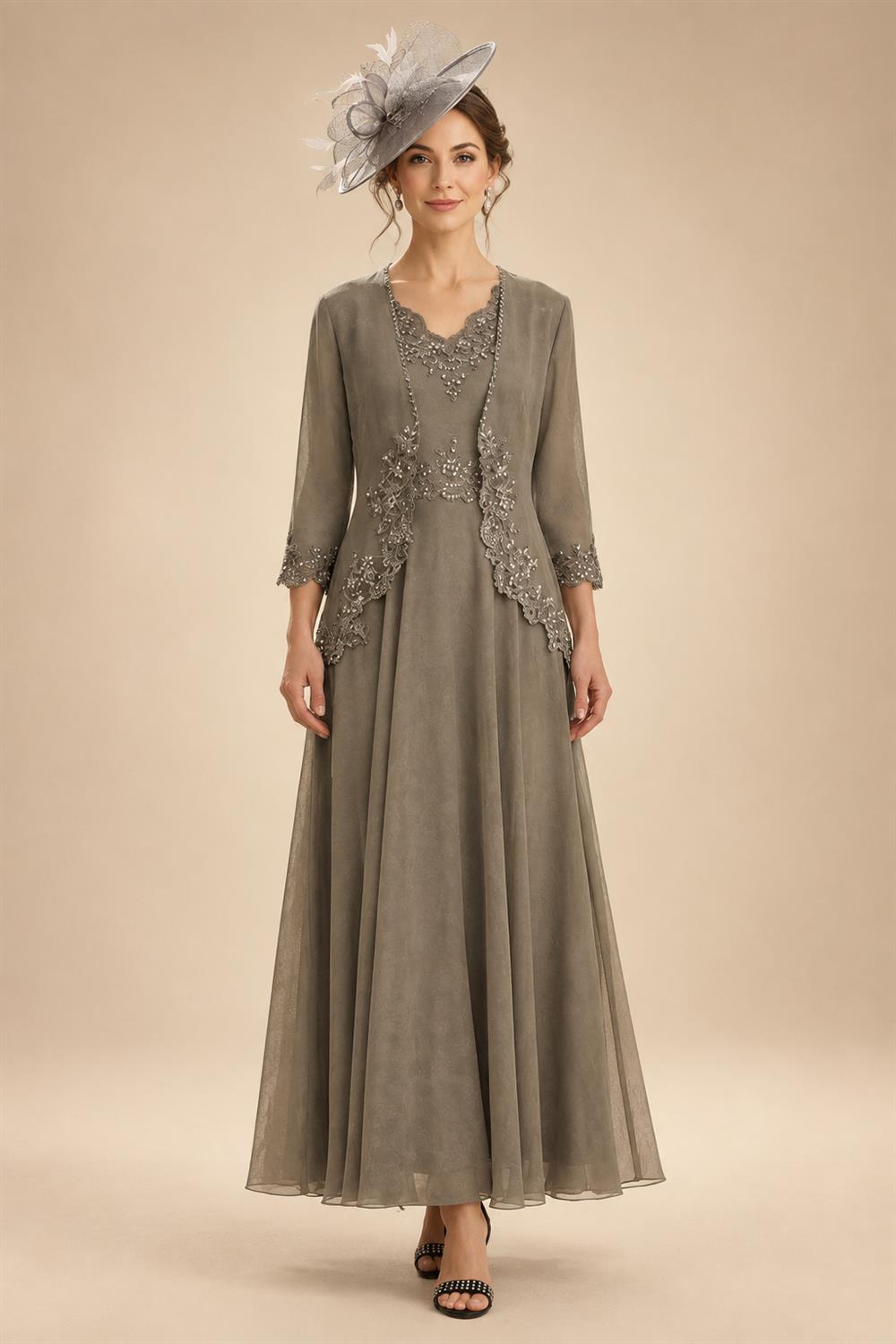 2-Piece A-Line Chiffon 3/4 Sleeves Mother of the Bride & Groom Dresses with Scalloped V-Neck Lace Bodice (SHI22500637)