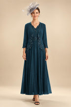 2-Piece A-Line Chiffon 3/4 Sleeves Mother of the Bride & Groom Dresses with Scalloped V-Neck Lace Bodice (SHI22500637)