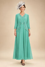2-Piece A-Line Chiffon 3/4 Sleeves Mother of the Bride & Groom Dresses with Scalloped V-Neck Lace Bodice (SHI22500637)