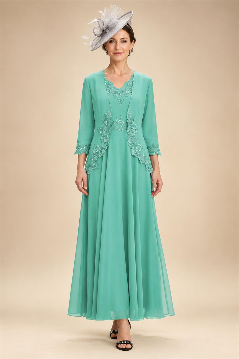 2-Piece A-Line Chiffon 3/4 Sleeves Mother of the Bride & Groom Dresses with Scalloped V-Neck Lace Bodice (SHI22500637)