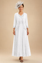 2-Piece A-Line Chiffon 3/4 Sleeves Mother of the Bride & Groom Dresses with Scalloped V-Neck Lace Bodice (SHI22500637)