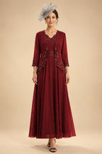 2-Piece A-Line Chiffon 3/4 Sleeves Mother of the Bride & Groom Dresses with Scalloped V-Neck Lace Bodice (SHI22500637)