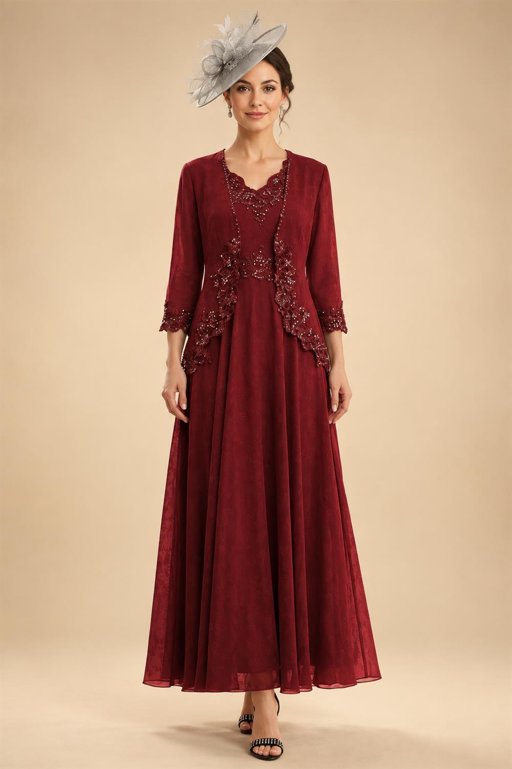 2-Piece A-Line Chiffon 3/4 Sleeves Mother of the Bride & Groom Dresses with Scalloped V-Neck Lace Bodice (SHI22500637)