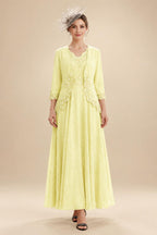 2-Piece A-Line Chiffon 3/4 Sleeves Mother of the Bride & Groom Dresses with Scalloped V-Neck Lace Bodice (SHI22500637)