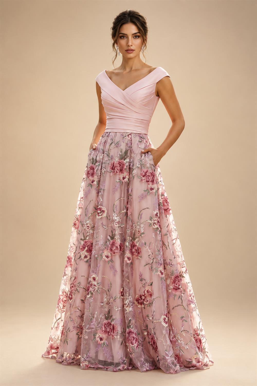 A-Line Floor-Length Chiffon Cape Sleeves Mother of the Bride & Groom Dresses with Tiered Ruffles (SHI22500723)