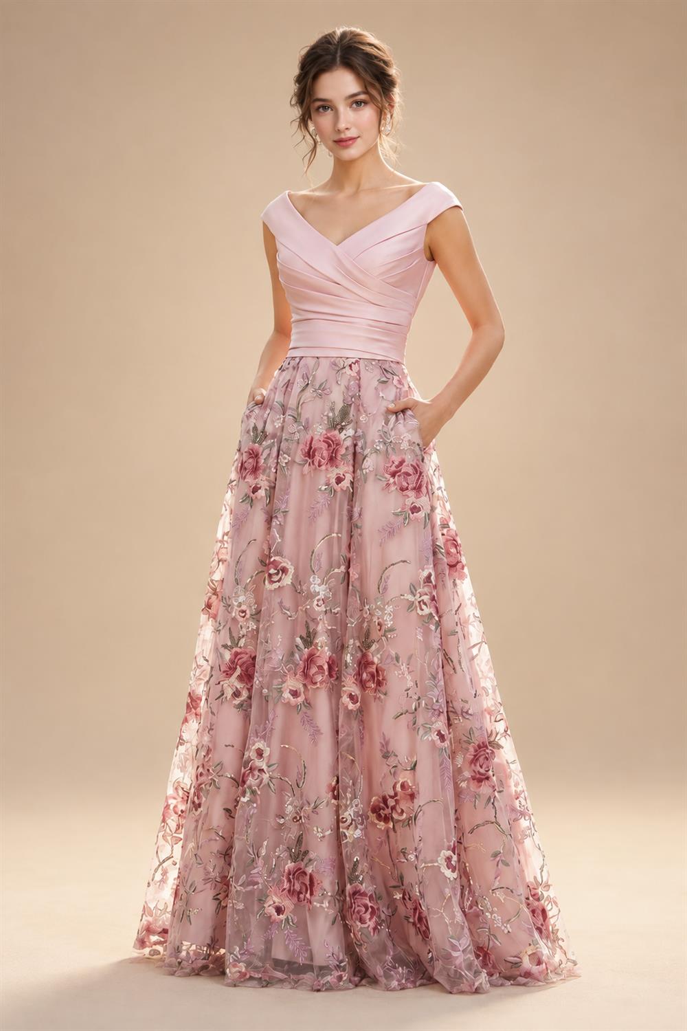 A-Line Floral Sequin Lace Floor-Length Mother of the Bride & Groom Dresses with Ruched Satin Bodice (SHI22500639)