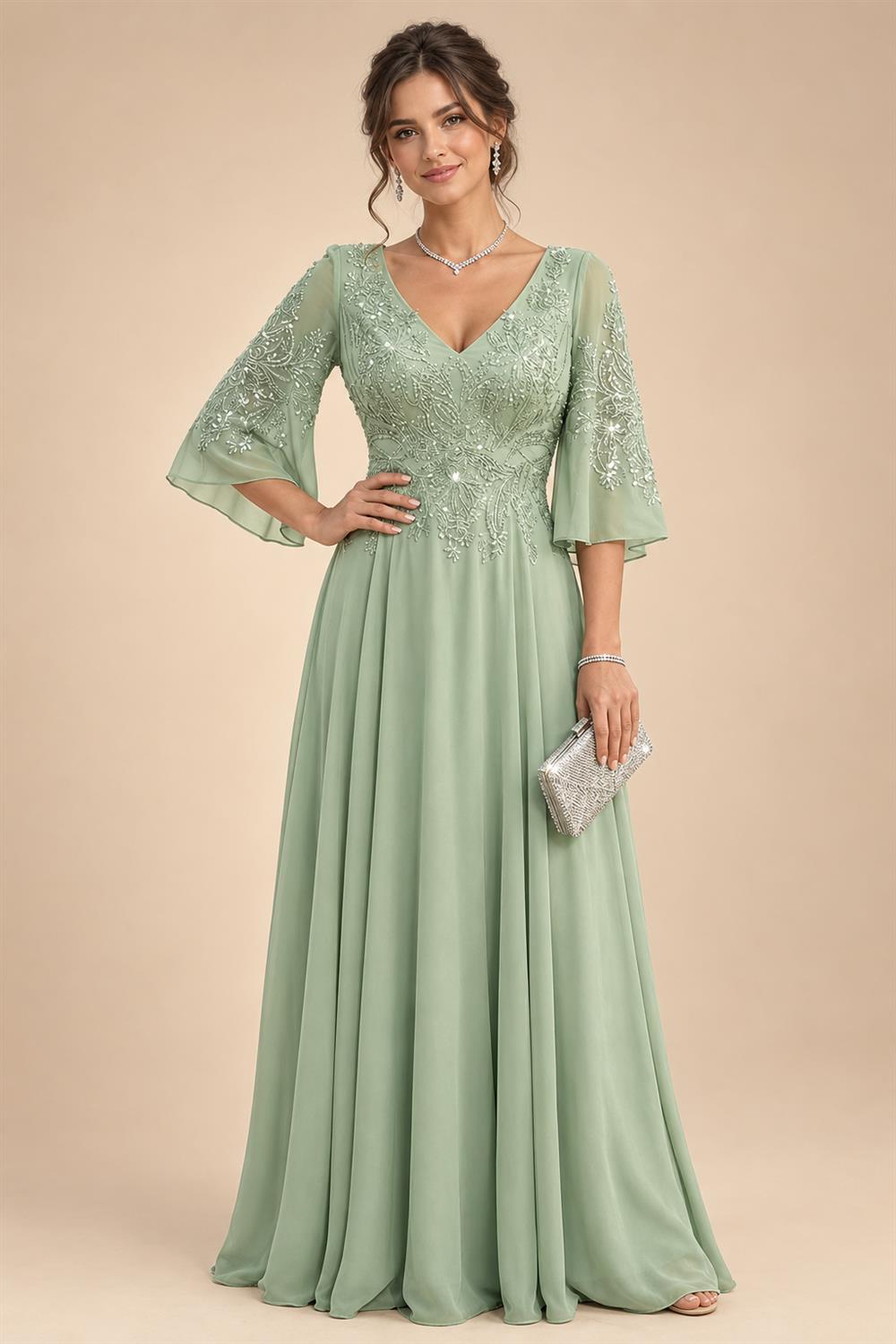 A-Line Chiffon 3/4 Flutter Sleeves Mother of the Bride & Groom Dresses with Beaded Lace Embroidered Bodice (SHI22500645)