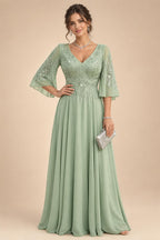 A-Line Chiffon 3/4 Flutter Sleeves Mother of the Bride & Groom Dresses with Beaded Lace Embroidered Bodice (SHI22500645)