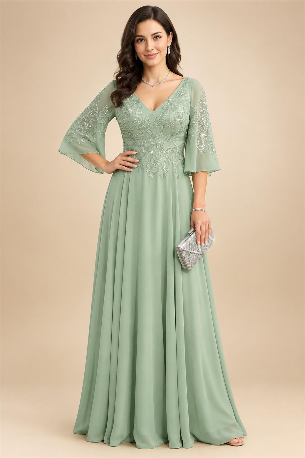 A-Line/Princess V-Neck Chiffon Maxi Mother of the Bride & Groom Dresses with Side Sash, Sweep Train & Ruched Bodice (SHI22501629)