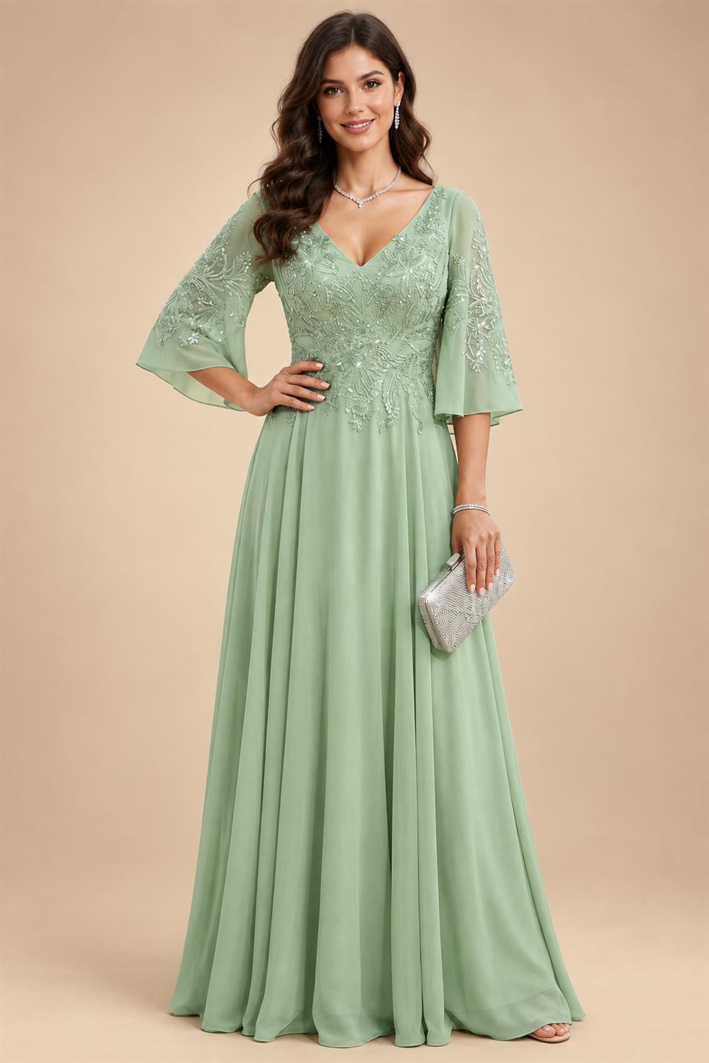 A-Line Chiffon 3/4 Flutter Sleeves Mother of the Bride & Groom Dresses with Beaded Lace Embroidered Bodice (SHI22500645)