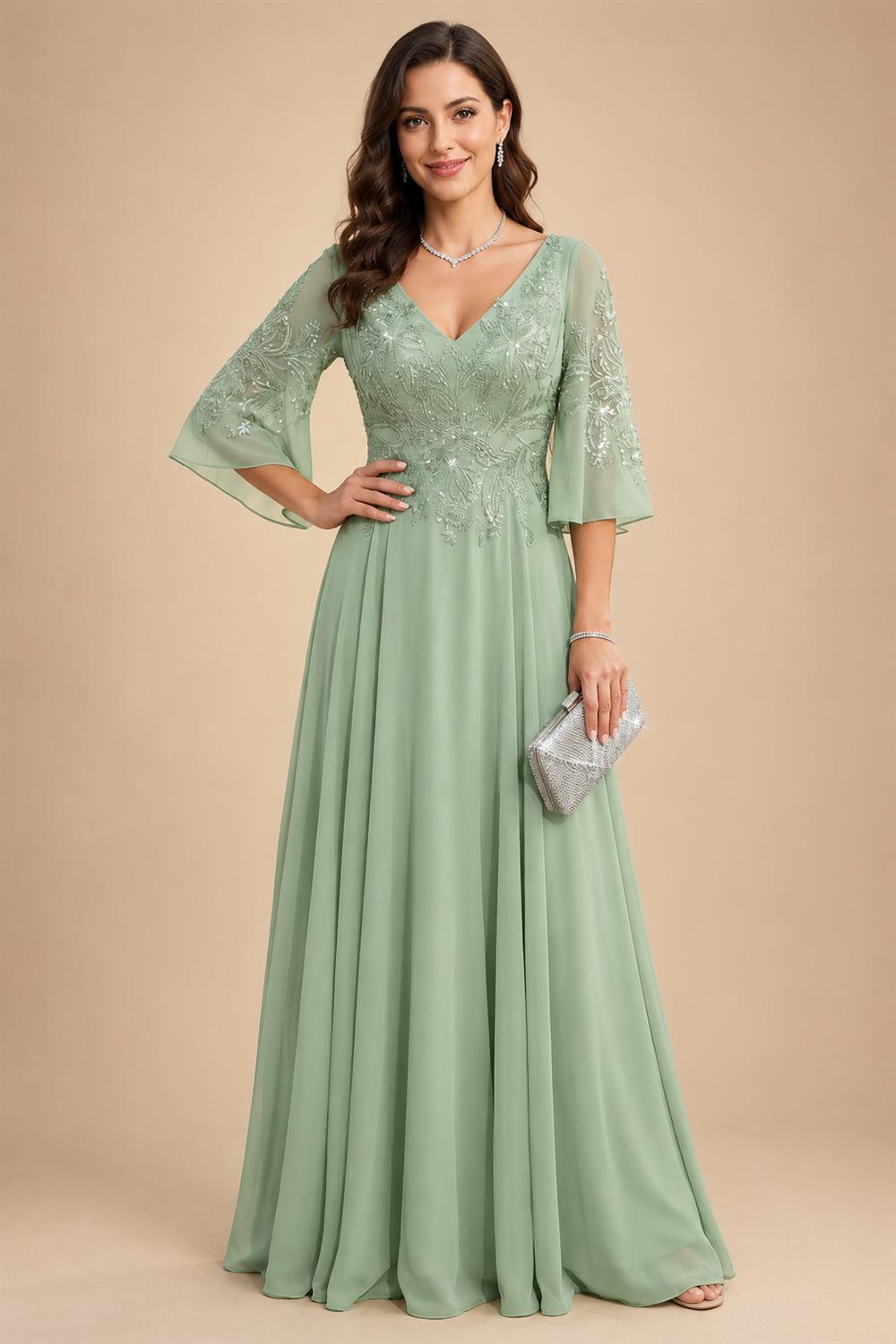 A-Line/Princess V-Neck Chiffon Maxi Mother of the Bride & Groom Dresses with Feather Trim & Pleats (SHI22501651)
