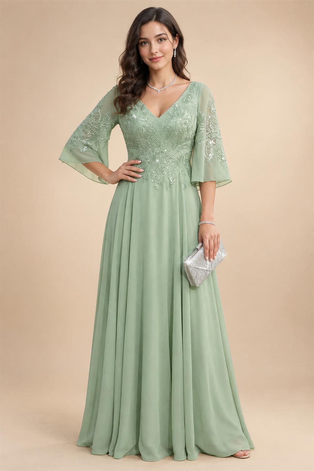 Floral Print A-Line/Princess V-Neck Floor-Length Mother of the Bride & Groom Dresses with Tiered Layers & Ruffles (SHI22501166)