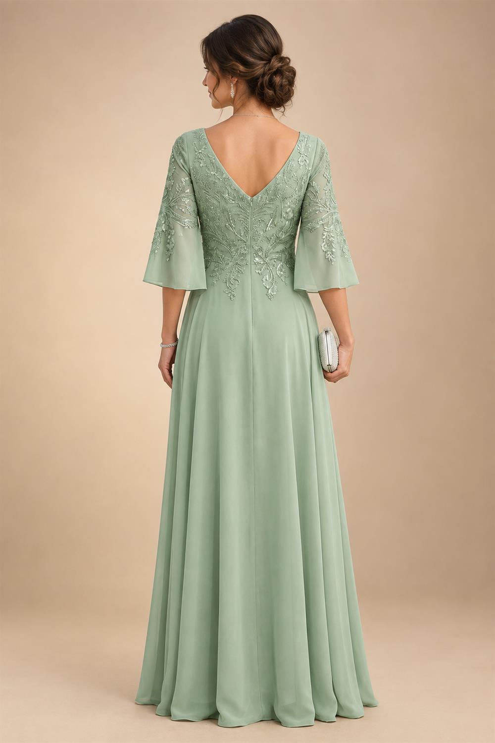 A-Line Chiffon 3/4 Flutter Sleeves Mother of the Bride & Groom Dresses with Beaded Lace Embroidered Bodice (SHI22500645)