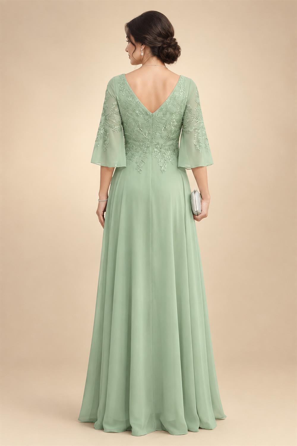 A-Line/Princess V-Neck Chiffon Maxi Mother of the Bride & Groom Dresses with Side Sash, Sweep Train & Ruched Bodice (SHI22501629)