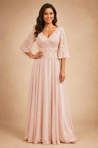 A-Line Chiffon 3/4 Flutter Sleeves Mother of the Bride & Groom Dresses with Beaded Lace Embroidered Bodice (SHI22500645)