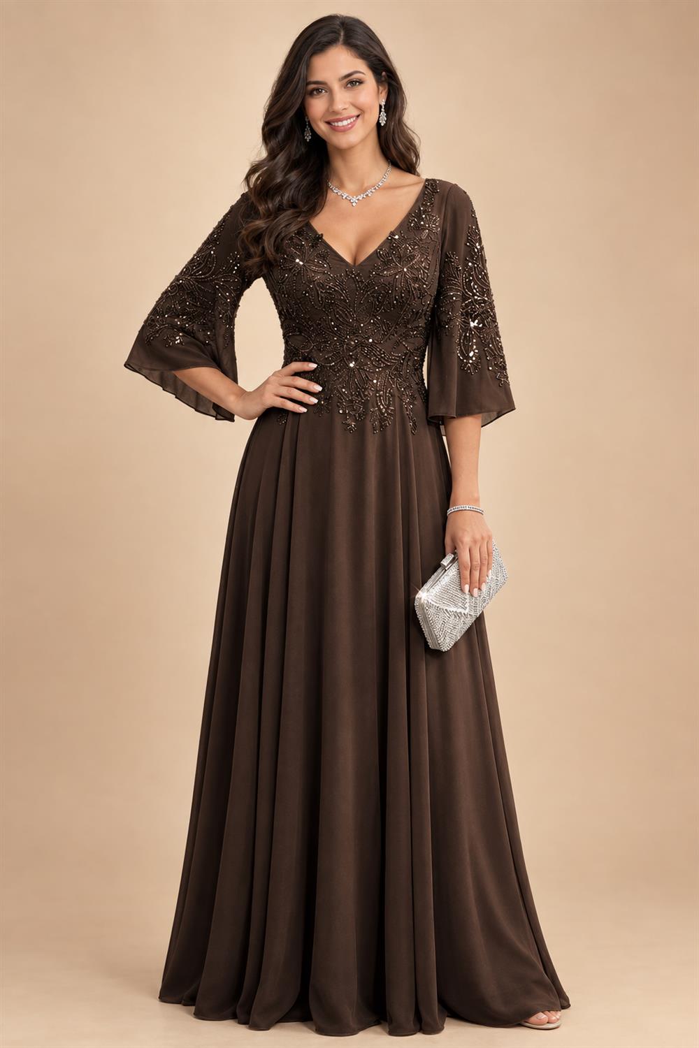A-Line Chiffon 3/4 Flutter Sleeves Mother of the Bride & Groom Dresses with Beaded Lace Embroidered Bodice (SHI22500645)
