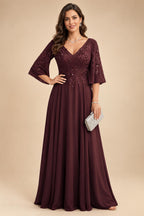 A-Line Chiffon 3/4 Flutter Sleeves Mother of the Bride & Groom Dresses with Beaded Lace Embroidered Bodice (SHI22500645)
