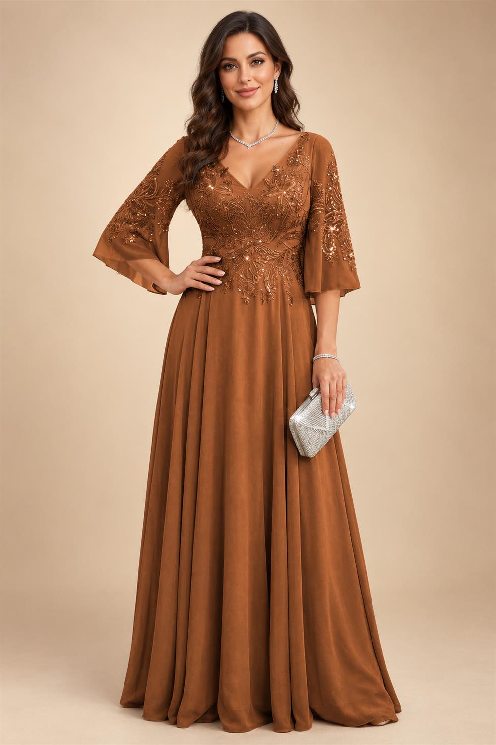A-Line Chiffon 3/4 Flutter Sleeves Mother of the Bride & Groom Dresses with Beaded Lace Embroidered Bodice (SHI22500645)