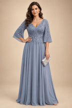 A-Line Chiffon 3/4 Flutter Sleeves Mother of the Bride & Groom Dresses with Beaded Lace Embroidered Bodice (SHI22500645)