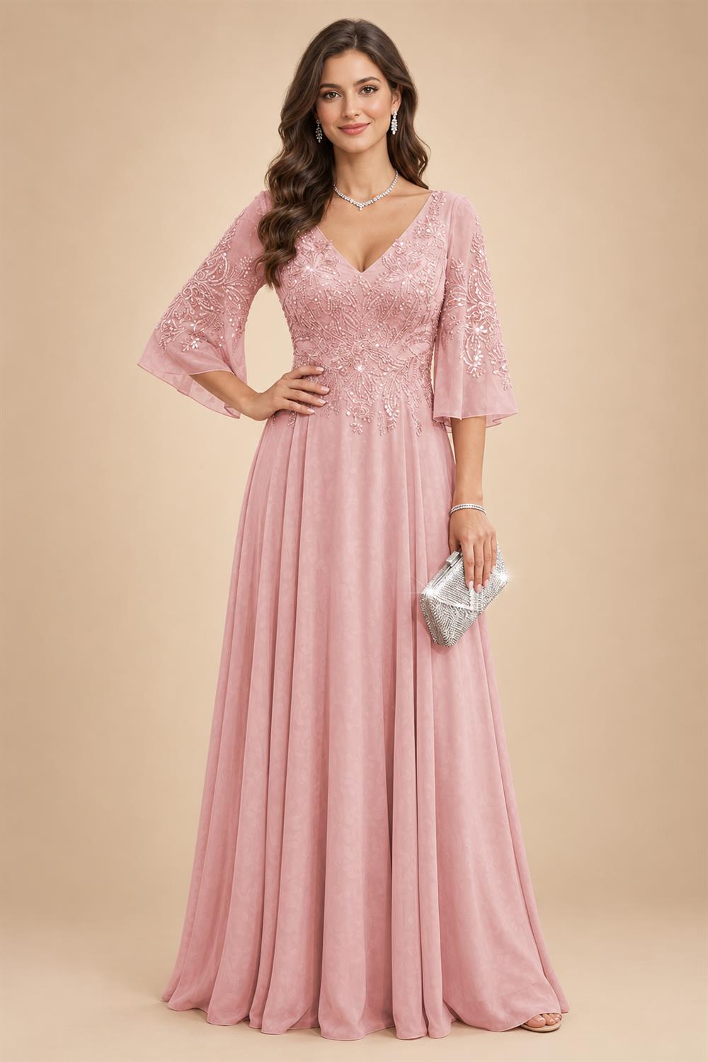 A-Line Chiffon 3/4 Flutter Sleeves Mother of the Bride & Groom Dresses with Beaded Lace Embroidered Bodice (SHI22500645)