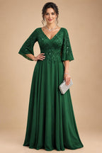 A-Line Chiffon 3/4 Flutter Sleeves Mother of the Bride & Groom Dresses with Beaded Lace Embroidered Bodice (SHI22500645)