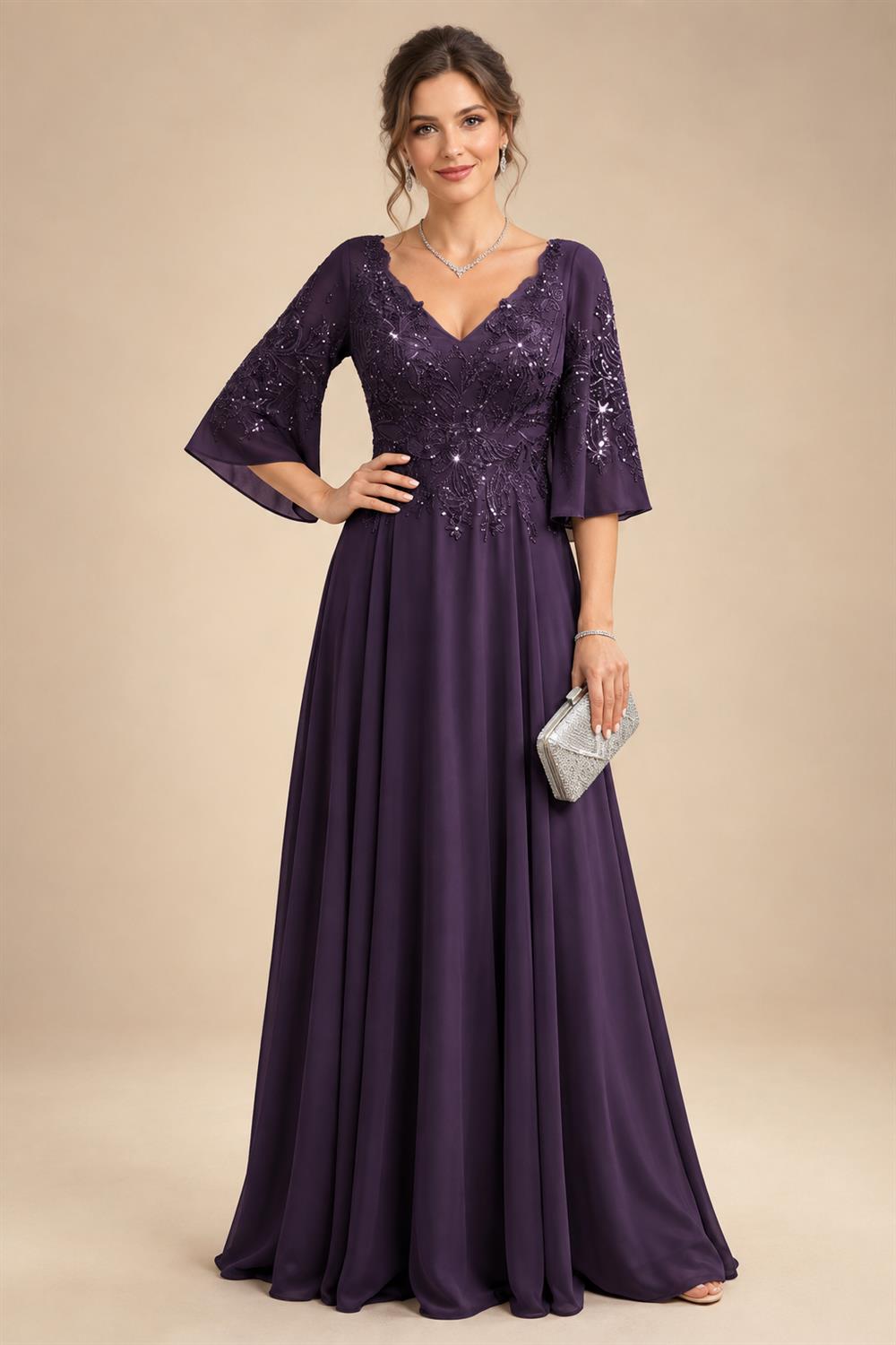 A-Line Chiffon 3/4 Flutter Sleeves Mother of the Bride & Groom Dresses with Beaded Lace Embroidered Bodice (SHI22500645)