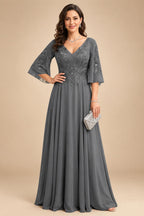 A-Line Chiffon 3/4 Flutter Sleeves Mother of the Bride & Groom Dresses with Beaded Lace Embroidered Bodice (SHI22500645)
