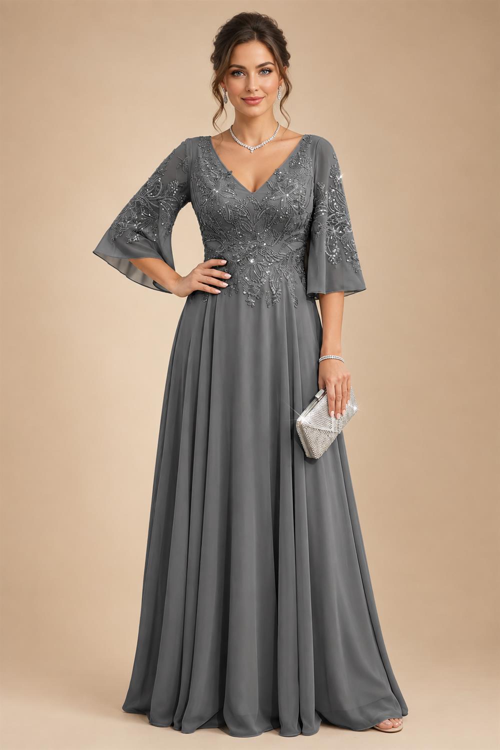 A-Line Chiffon 3/4 Flutter Sleeves Mother of the Bride & Groom Dresses with Beaded Lace Embroidered Bodice (SHI22500645)